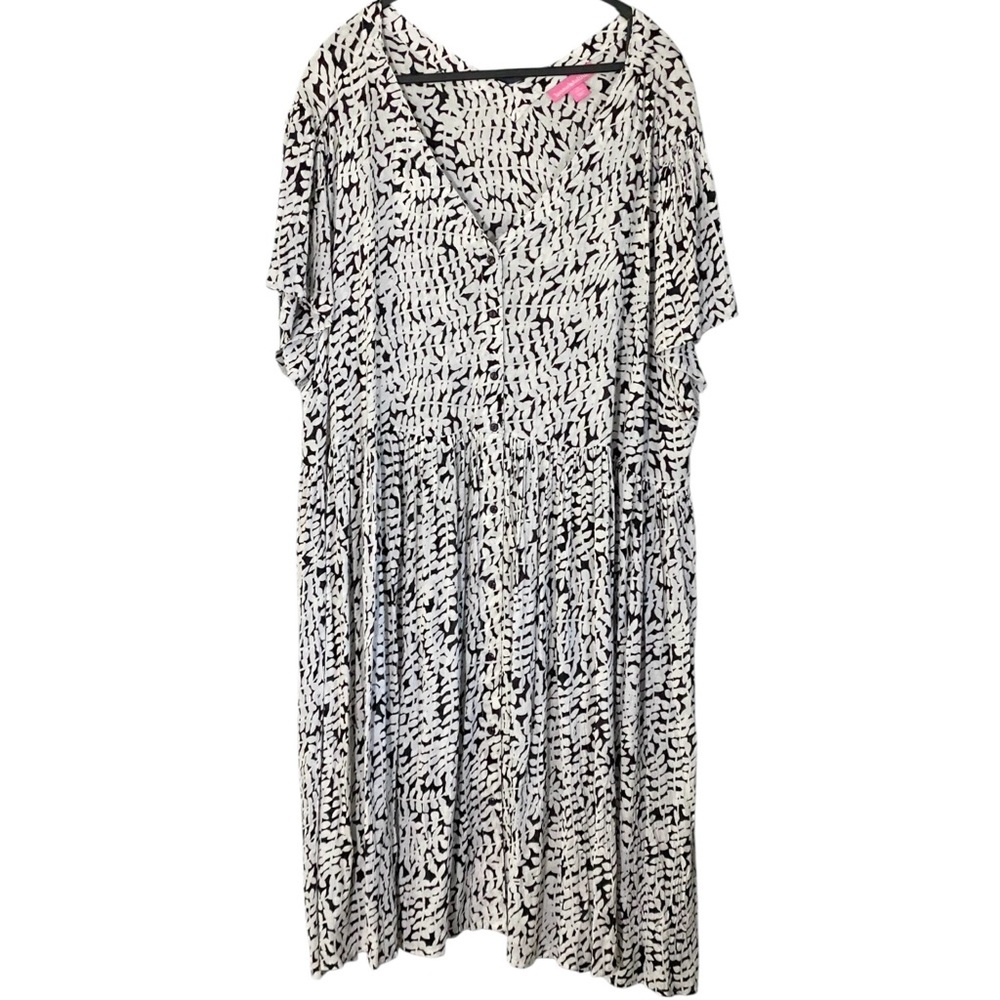 Woman Within Babydoll Dress Button Front 2X Black White Flowy Beachy Vacation - Picture 2 of 10